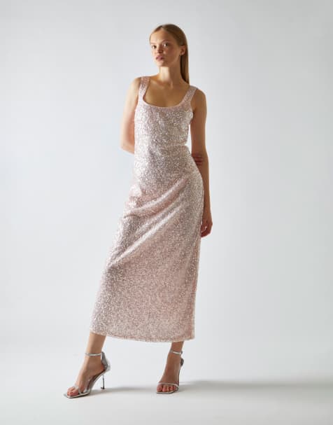 Glamorous Square-neck bias-cut midaxi-dress in pink silver sequin - view 1