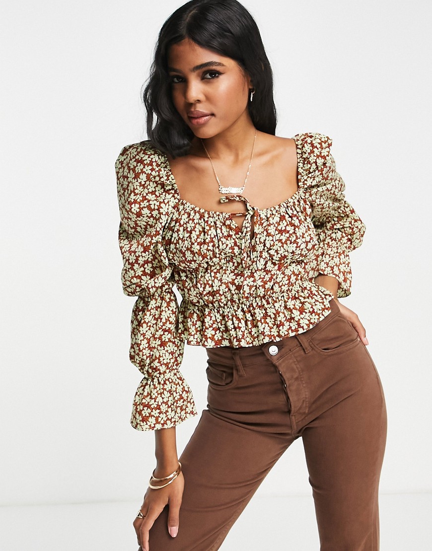 Glamorous square neck blouse with shirred waist in brown floral-Multi