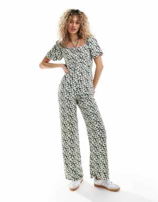 Glamorous square neck bow tie tea jumpsuit in butterscotch retro ditsy - view 1