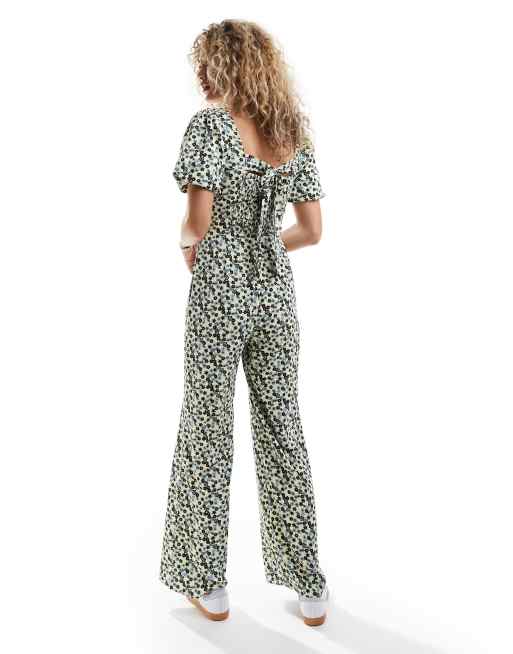 Glamorous square neck bow tie tea jumpsuit in butterscotch retro ditsy, 2 of 4