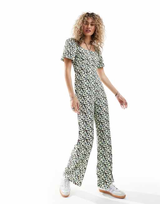 Glamorous square neck bow tie tea jumpsuit in butterscotch retro ditsy, 4 of 4