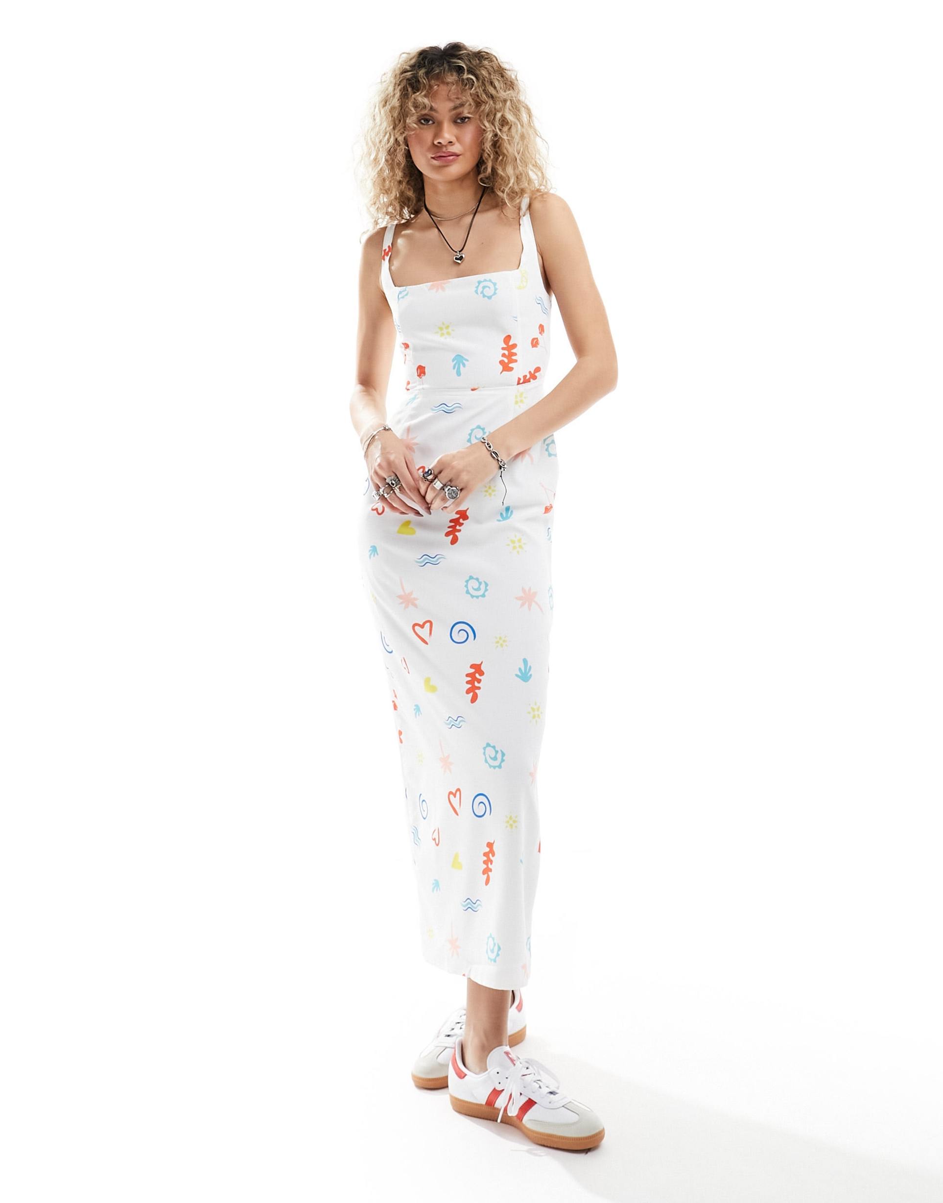 glamorous square neck cami midi dress in vacation print