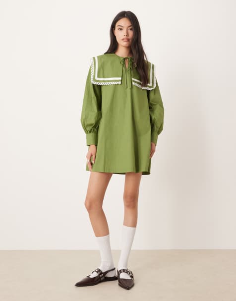 Glamorous square neck collar smock mini dress in deep olive and white - view 1
