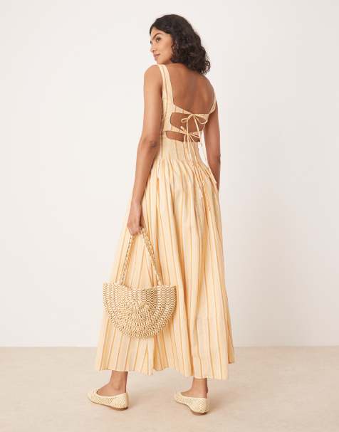 Glamorous square neck drop waist midaxi dress in buttermilk brown stripe - view 1
