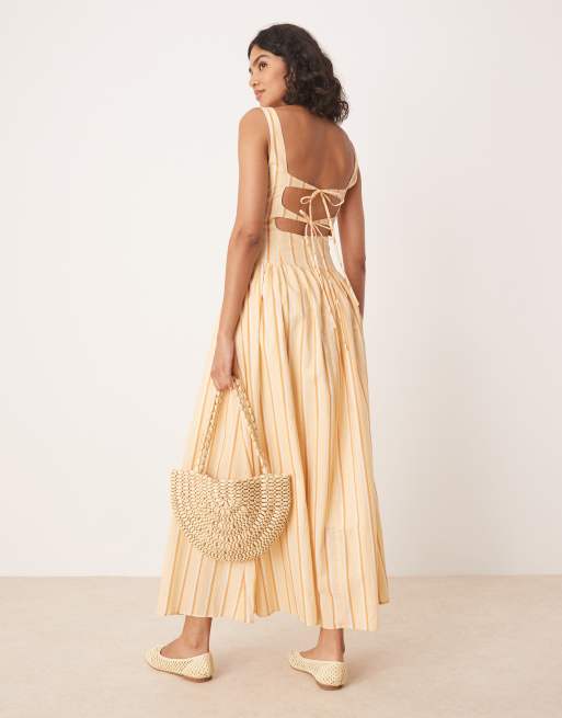 Glamorous square neck drop waist midaxi dress in buttermilk brown stripe