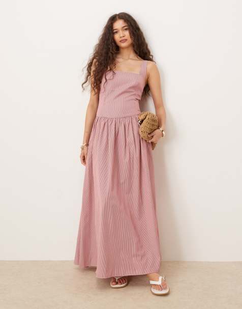 Glamorous square neck drop waist midaxi dress in red white stripe - view 1