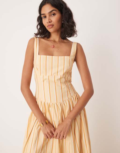 Glamorous square neck dropped waist midaxi dress in orange white stripes