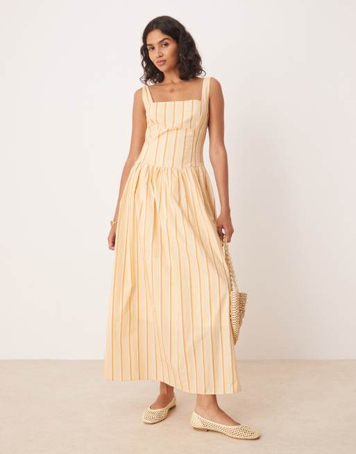 Glamorous square neck dropped waist midaxi dress in orange white stripes