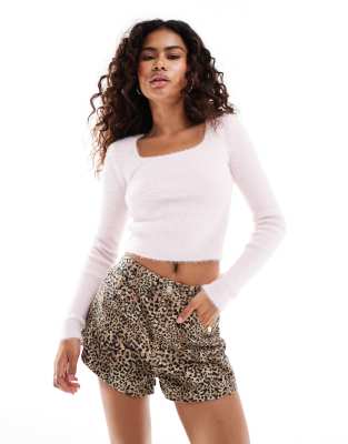 Glamorous Glamorous square neck lightweight rib knit jumper baby pink-Black