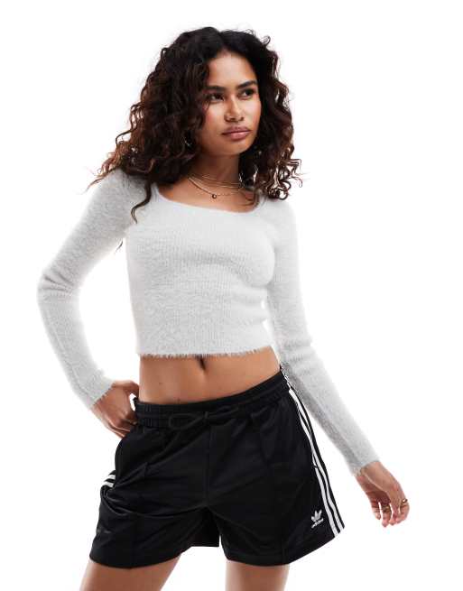 Glamorous square neck lightweight rib knit sweater gray heather
