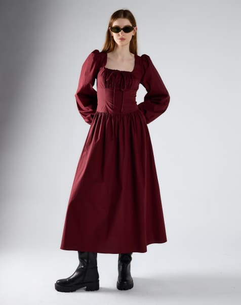 Glamorous Square neck long sleeve maxi dress in burgundy - view 1