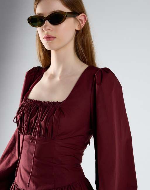 Glamorous Square neck long sleeve maxi dress in burgundy, 3 of 4