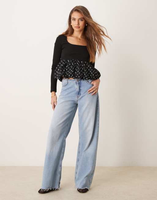 Glamorous square neck long sleeve top with bubble hem in black polka dot