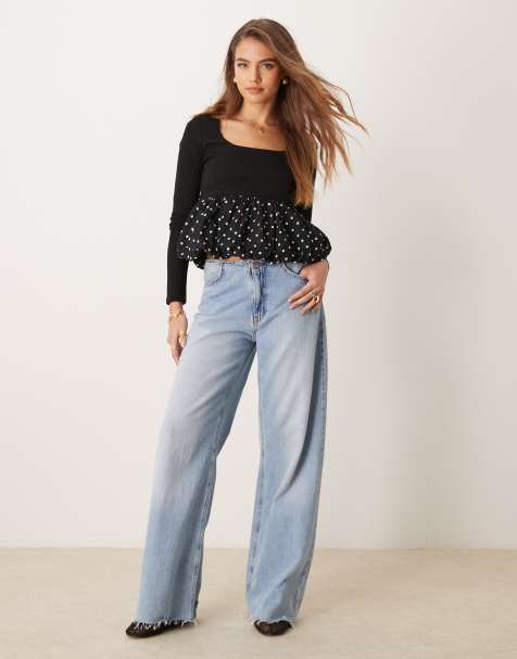 Glamorous square neck long sleeve top with puffball hem in black polka dot - view 1