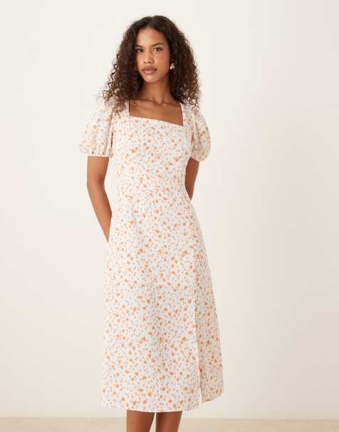 Glamorous Square neck midi dress in coral tulip ditsy