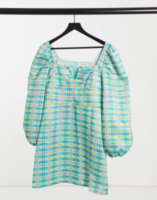 Glamorous square neck mini dress in green check with puff sleeves