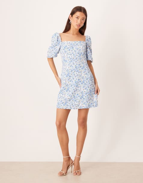 Glamorous Square neck mini dress in white blue daisy - view 1