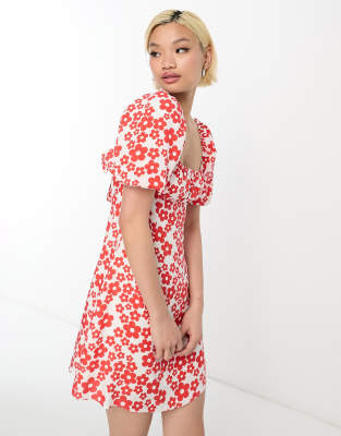 square neck mini smock dress tie back in red floral