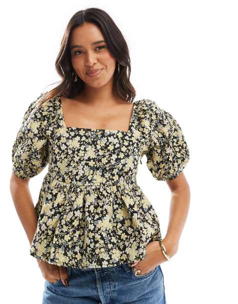 Glamorous Square-neck peplum-top in black yellow brocade - view 1