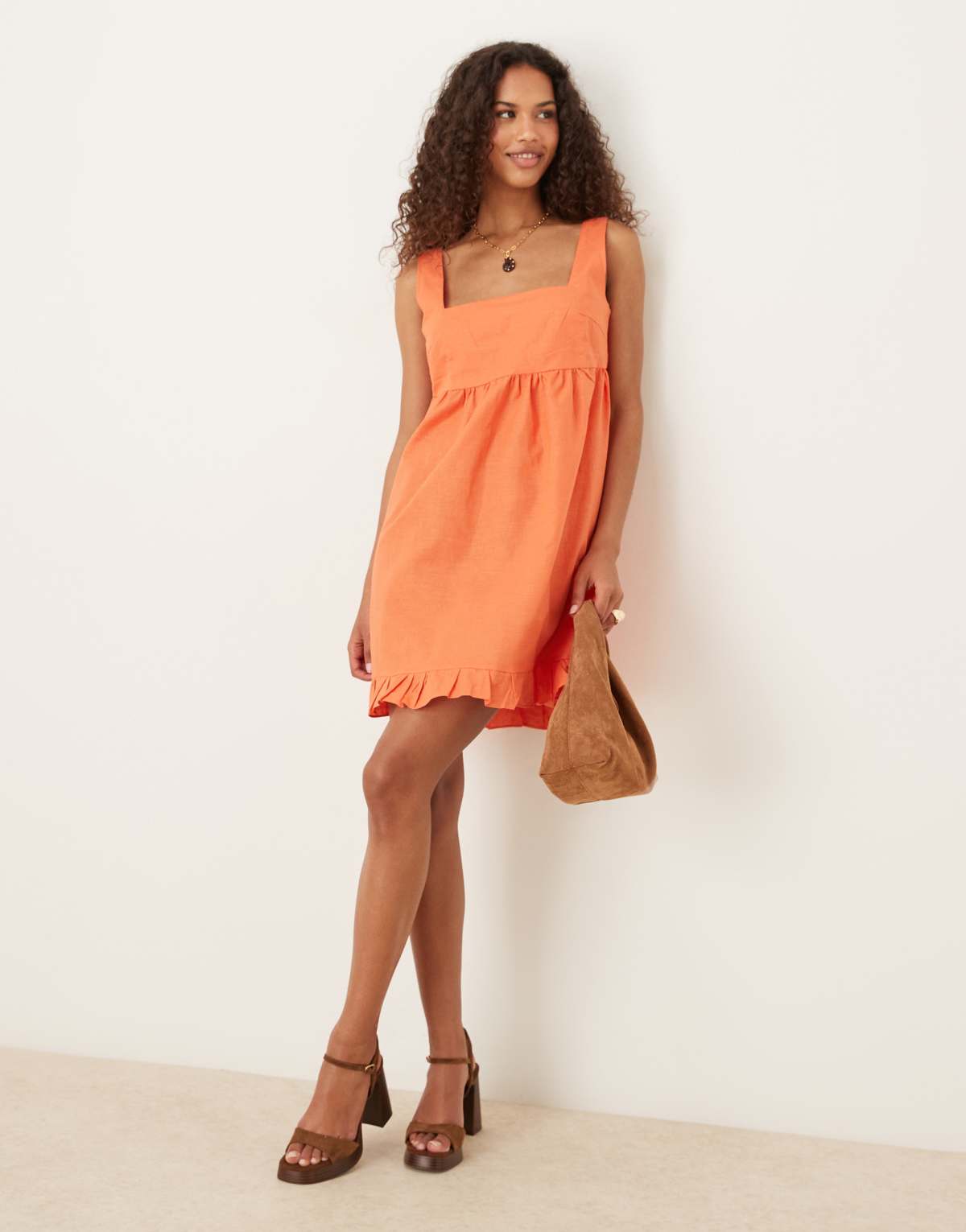 Glamorous Square neck pleated mini dress in dark tangerine