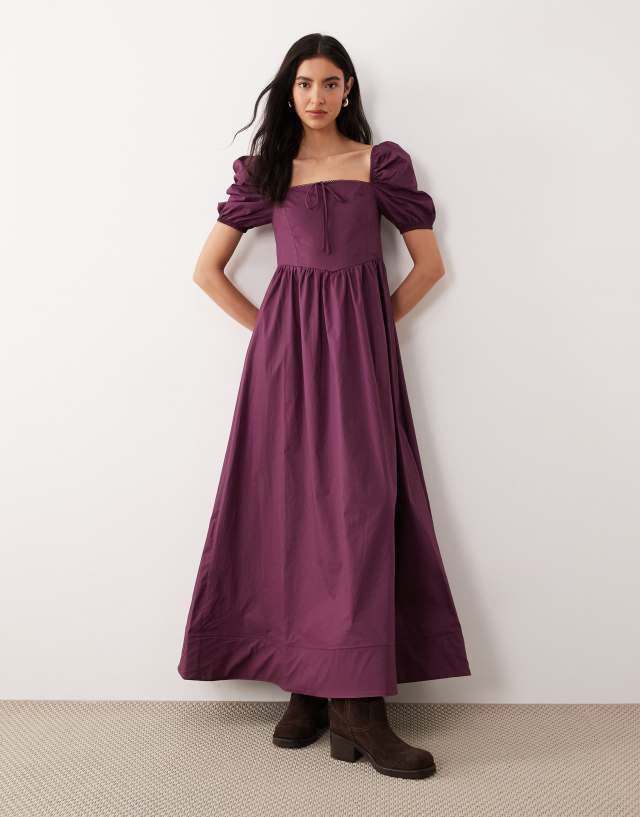Glamorous square neck puff sleeve midaxi dress in deep purple