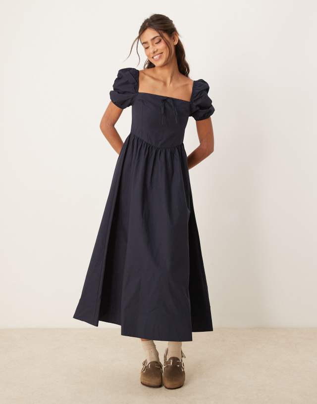 Glamorous square neck puff sleeve midaxi dress in navy | ASOS