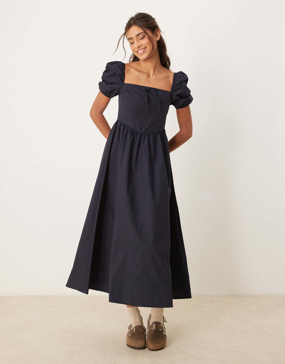 Glamorous square neck puff sleeve midaxi dress in navy