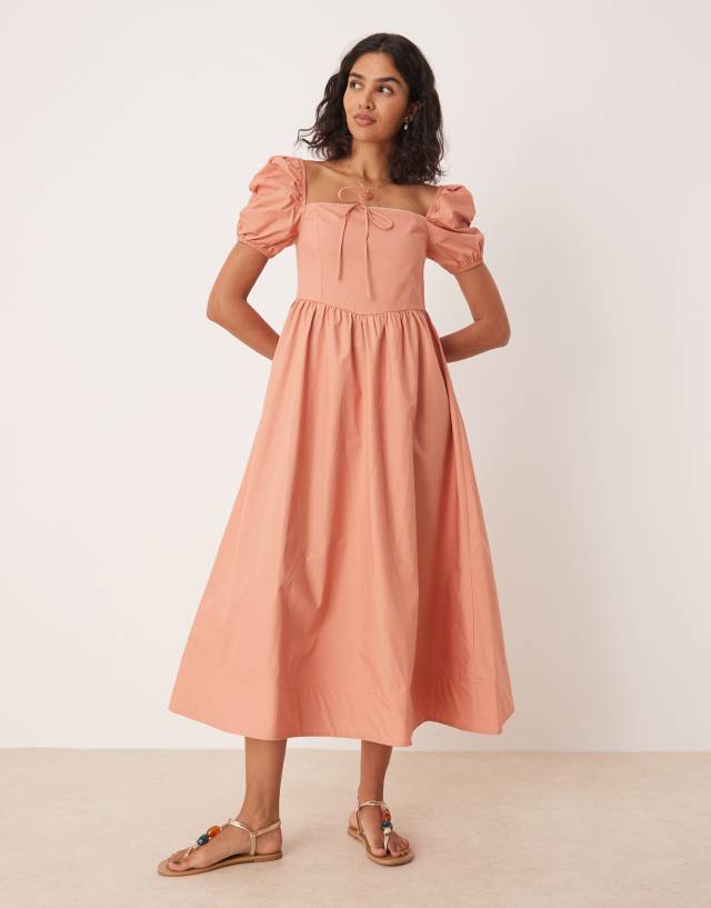 asos design leather look puff sleeve zip through midi dress Glamorous square neck midaxi in terracotta D-Traditional