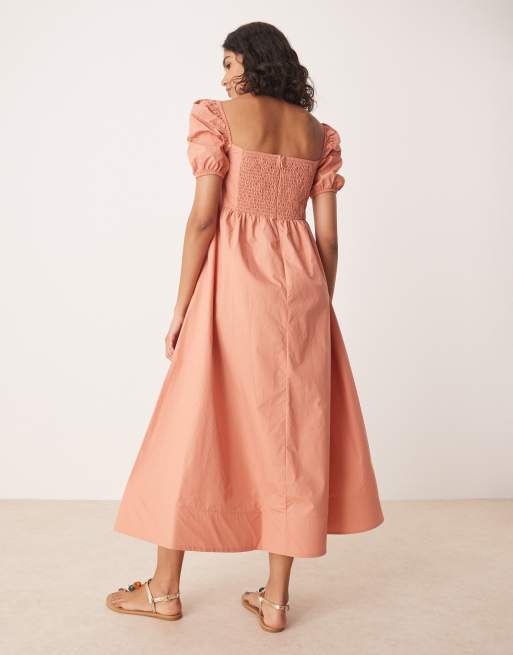 Glamorous square neck puff sleeve midaxi dress in terracotta