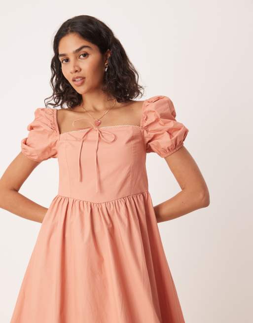 Glamorous square neck puff sleeve midaxi dress in terracotta