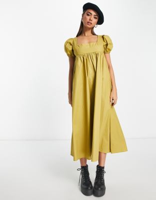 Glamorous square neck puff sleeve midi smock dress in olive khaki - ASOS Price Checker
