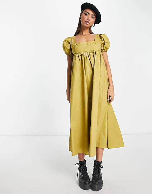 Glamorous square neck puff sleeve midi smock dress in olive khaki