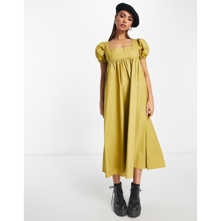 Glamorous square neck puff sleeve midi smock dress in olive khaki