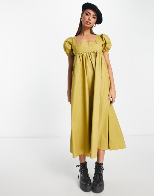 Puff Sleeve Square Neck Midi Dress