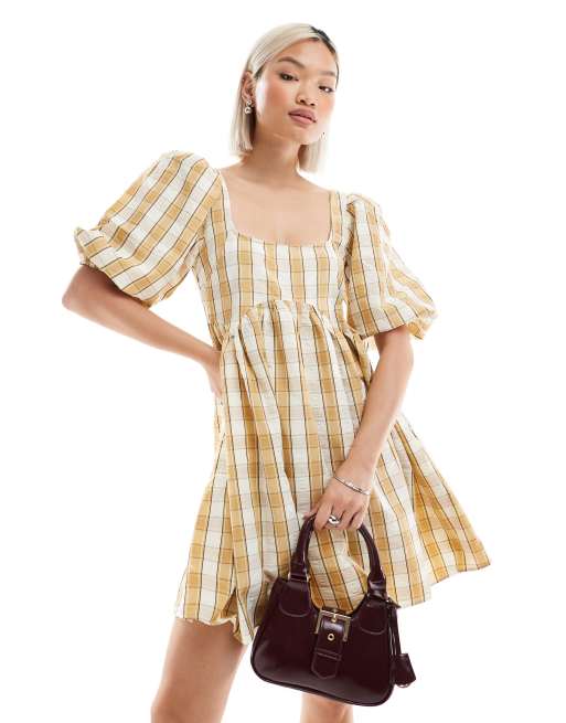 Glamorous Square-neck smock mini-dress in beige cream check