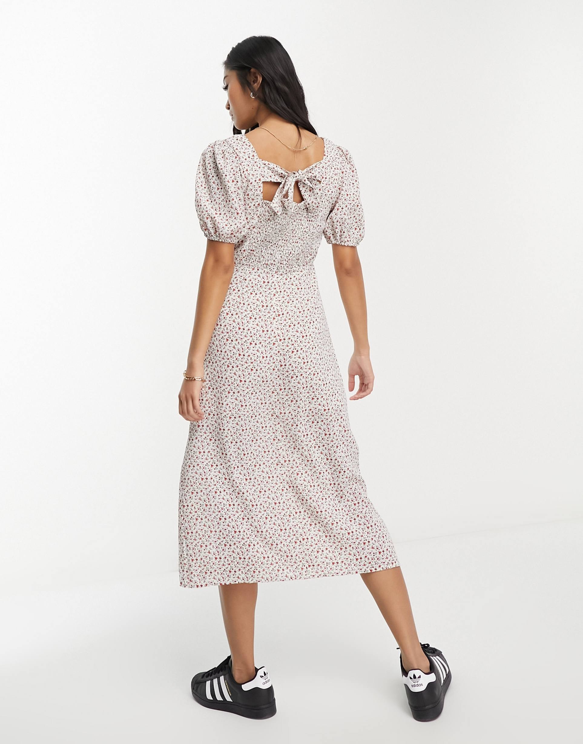 Glamorous square neck tie back midi tea dress in vintage floral