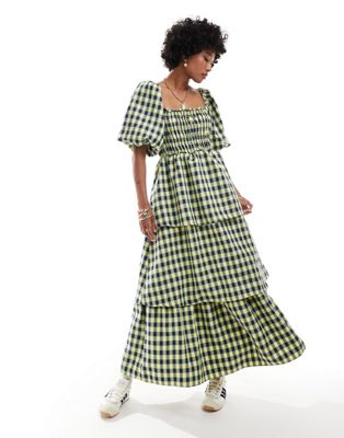Glamorous square neck tierred maxi dress in blue yellow check Sale