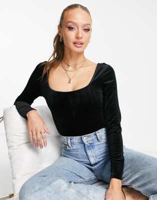 Glamorous Square Neck Velvet Bodysuit In Black