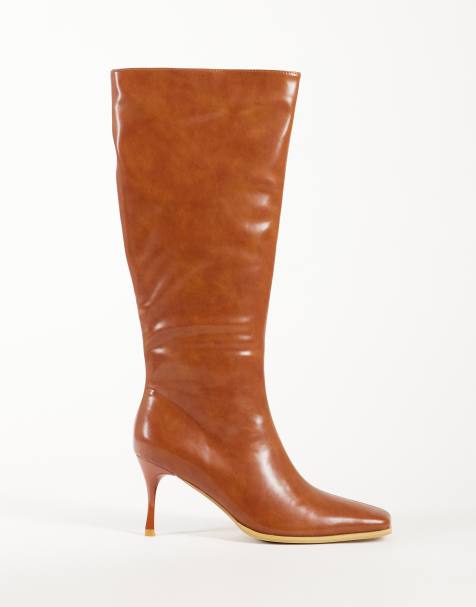 Glamorous square toe heeled knee boots in distressed tan - view 1