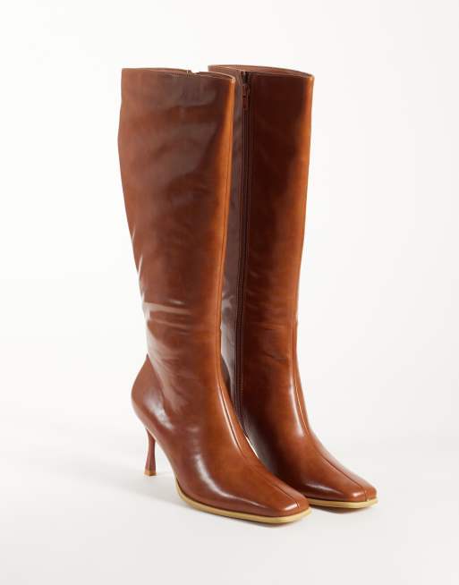 Glamorous square toe heeled knee boots in distressed tan, 2 of 4