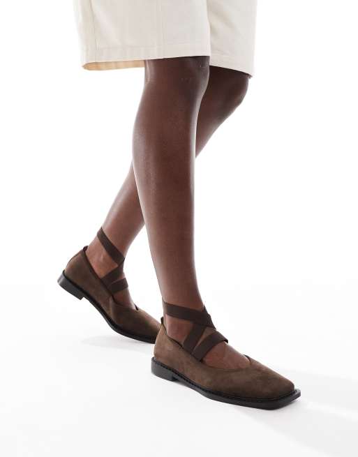 Glamorous square toe mary janes in brown microsuede
