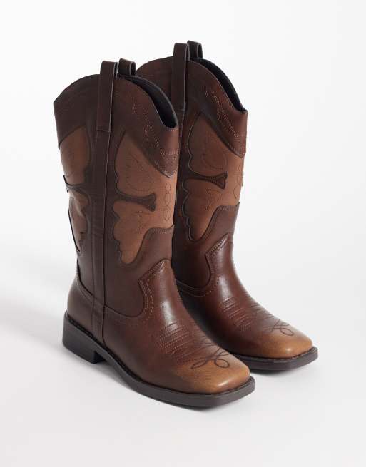 Glamorous square toe western knee boots in brown, 2 of 4