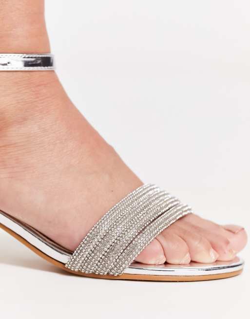 Glamorous – Srebrne sandały na obcasie klockowym zdobione strasami, 3 z 4