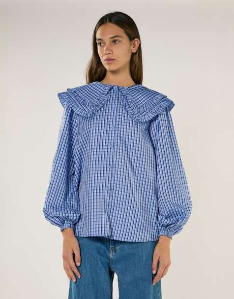 Glamorous Statement collar blouse in pale blue check - view 1