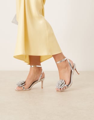 Glamorous stiletto heeled sandals wth flower details in silver - view 1