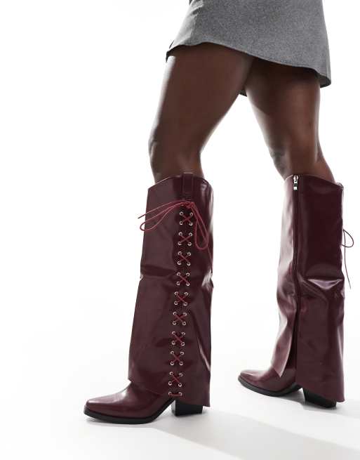 Glamorous Stivali al ginocchio bordeaux con tacco e risvolto stile western con lacci e fiocco