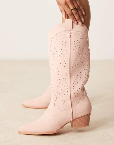 Glamorous - Stivali al ginocchio western crema con borchie - view 1