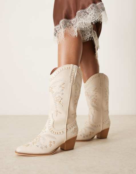 Glamorous - Stivali stile western al ginocchio color crema ricamati - view 1