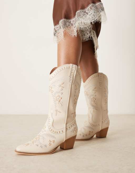 Glamorous - Stivali stile western al ginocchio color crema ricamati