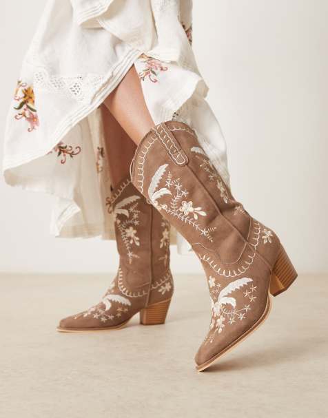 Glamorous - Stivali stile western al ginocchio color cuoio ricamati - view 1
